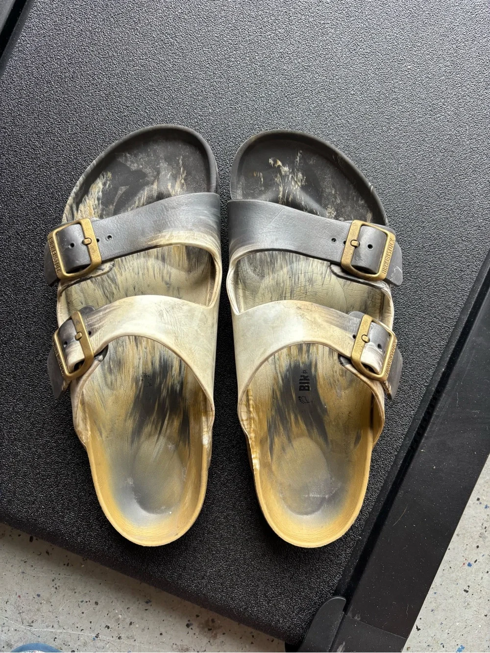 Birkenstock Two-Strap Sandals in Black and Tan with Gold Buckles